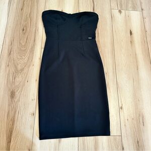 Vintage Guess black strapless midi dress with corset-style top has stretch